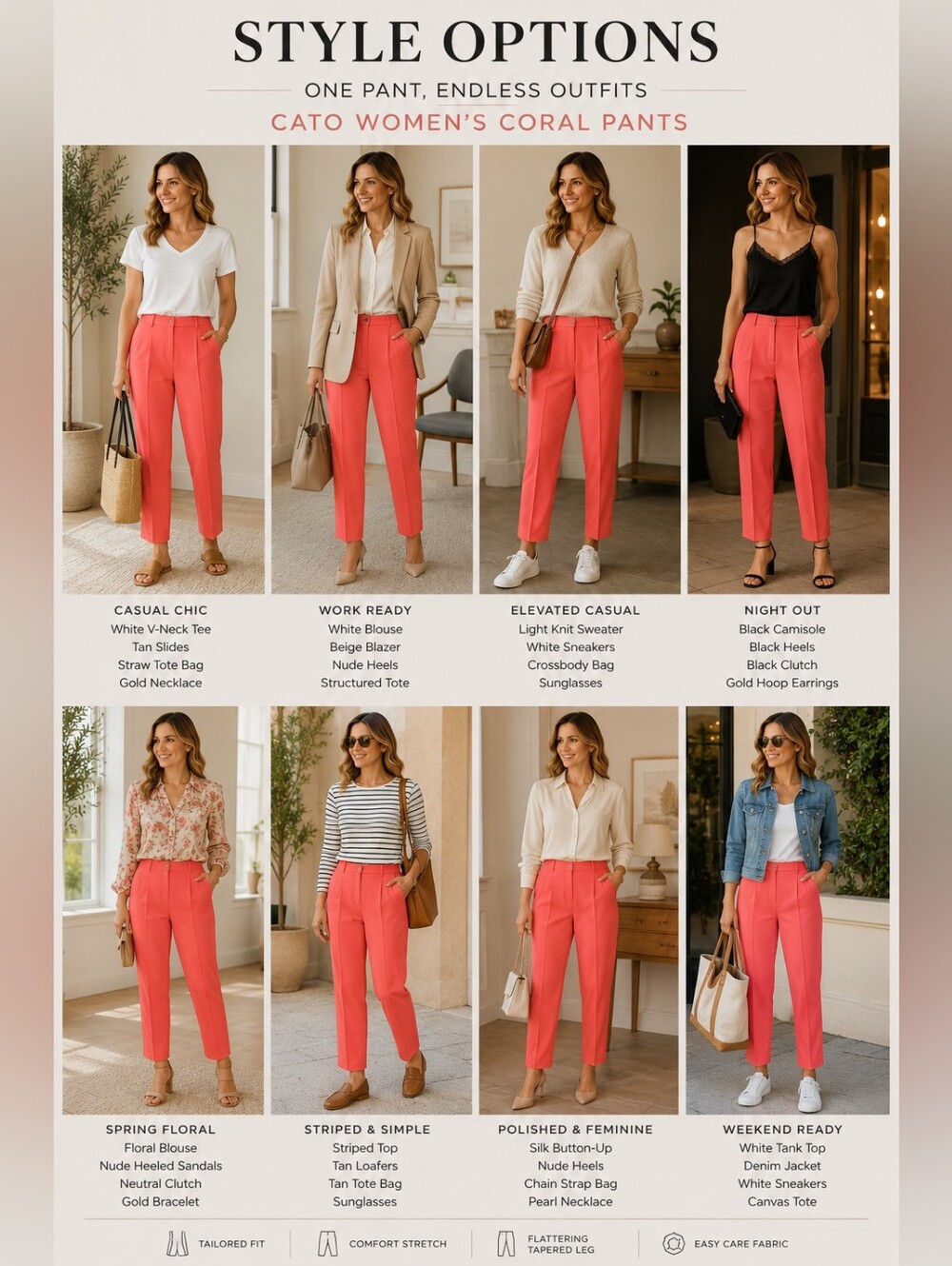 Cato Women’s Coral Pink Tailored Ankle Pants Size 12 Stretch Waist Pockets